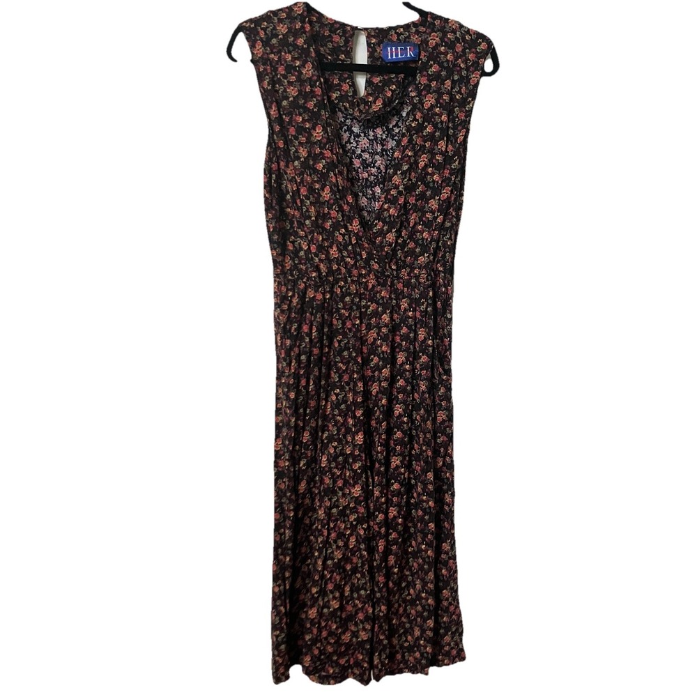 Vintage HER Floral Jumpsuit Black Pink Wide Leg Rayon 90s Made in Canada Size 9